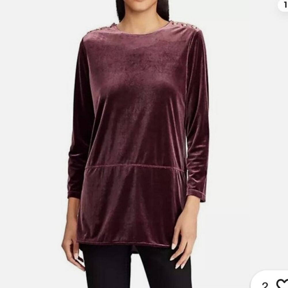Lauren Ralph Lauren Georgette-Velvet 3/4 Sleeve Tunic Top Brown Women's M